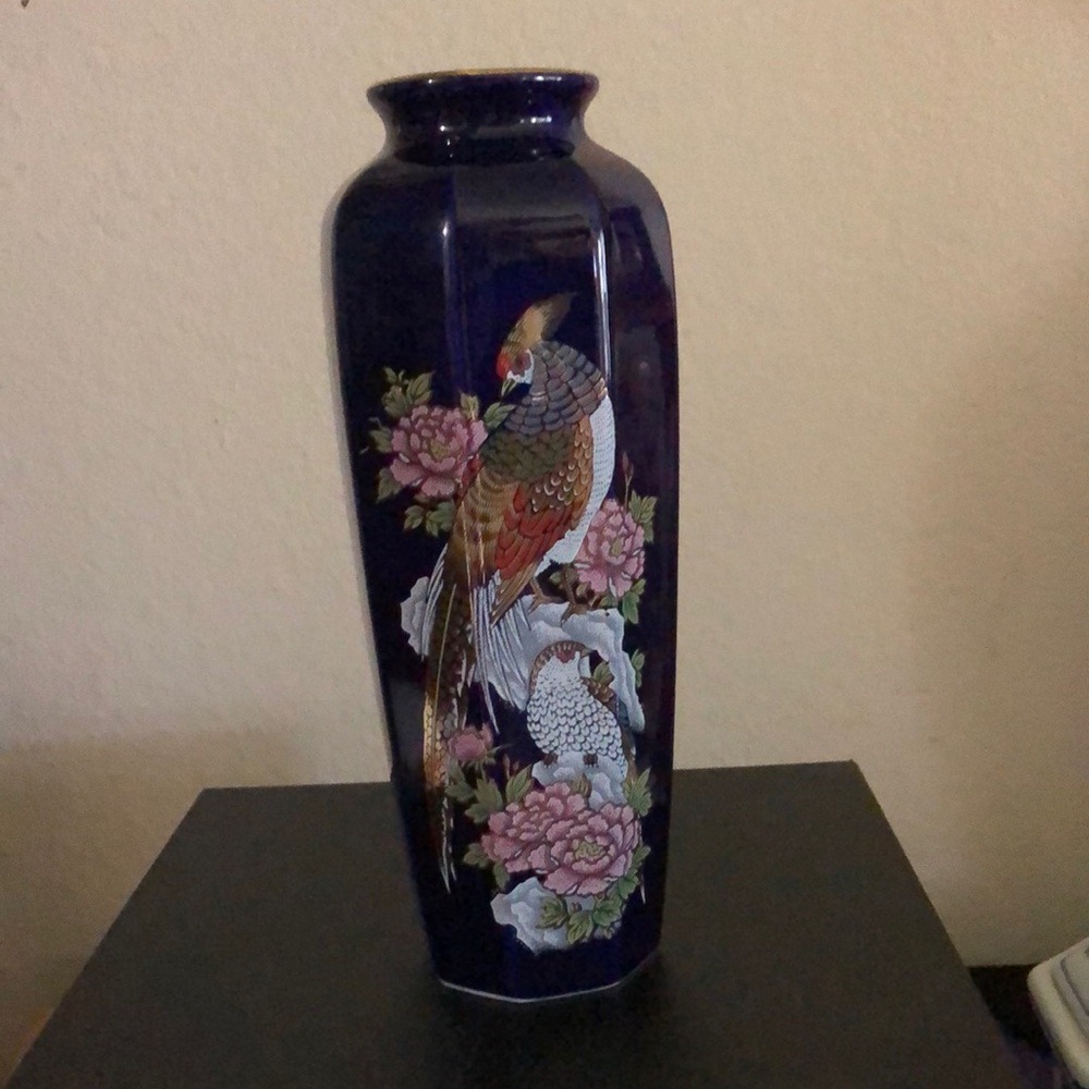 Japanese Blue Ceramic Vase With Gold Leaf Peacock Flowers